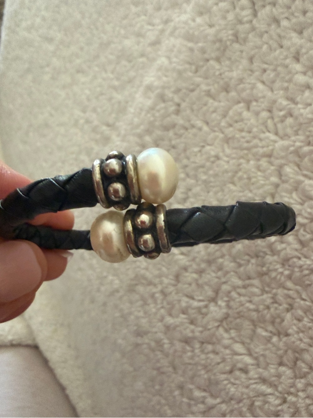 Black Braided Leather bracelet freshwater pearls w/silver accent